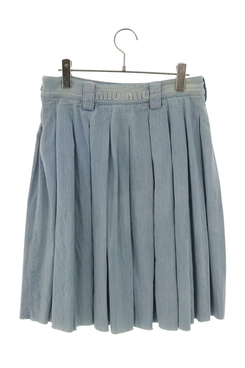 Miu Miu Light Indigo Cotton Waist Logo Pleated Skirt Size 36