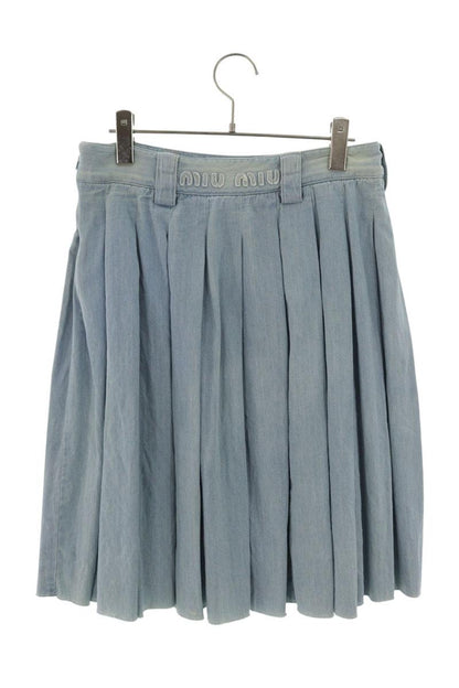 Miu Miu Light Indigo Cotton Waist Logo Pleated Skirt Size 36
