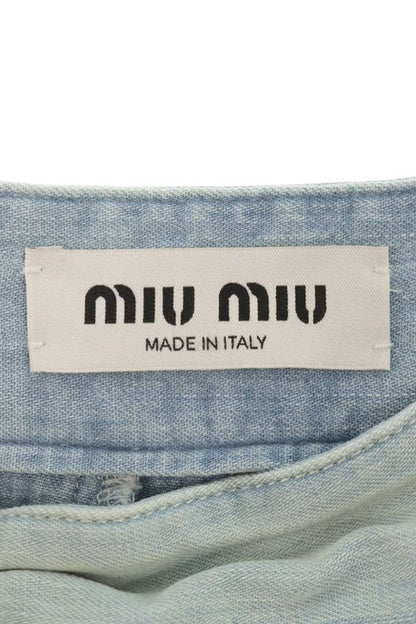 Miu Miu Light Indigo Cotton Waist Logo Pleated Skirt Size 36