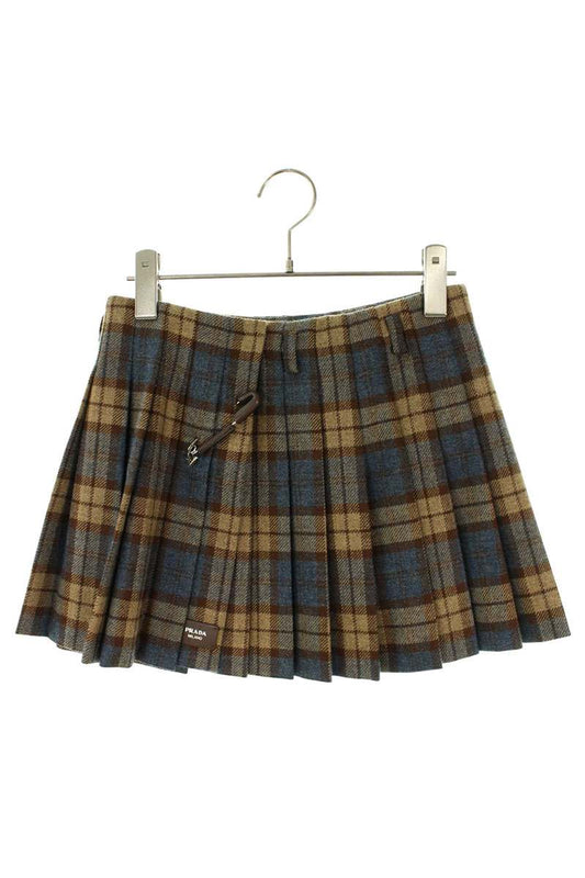 Prada Brown Wool Pleated Check Skirt Size 36