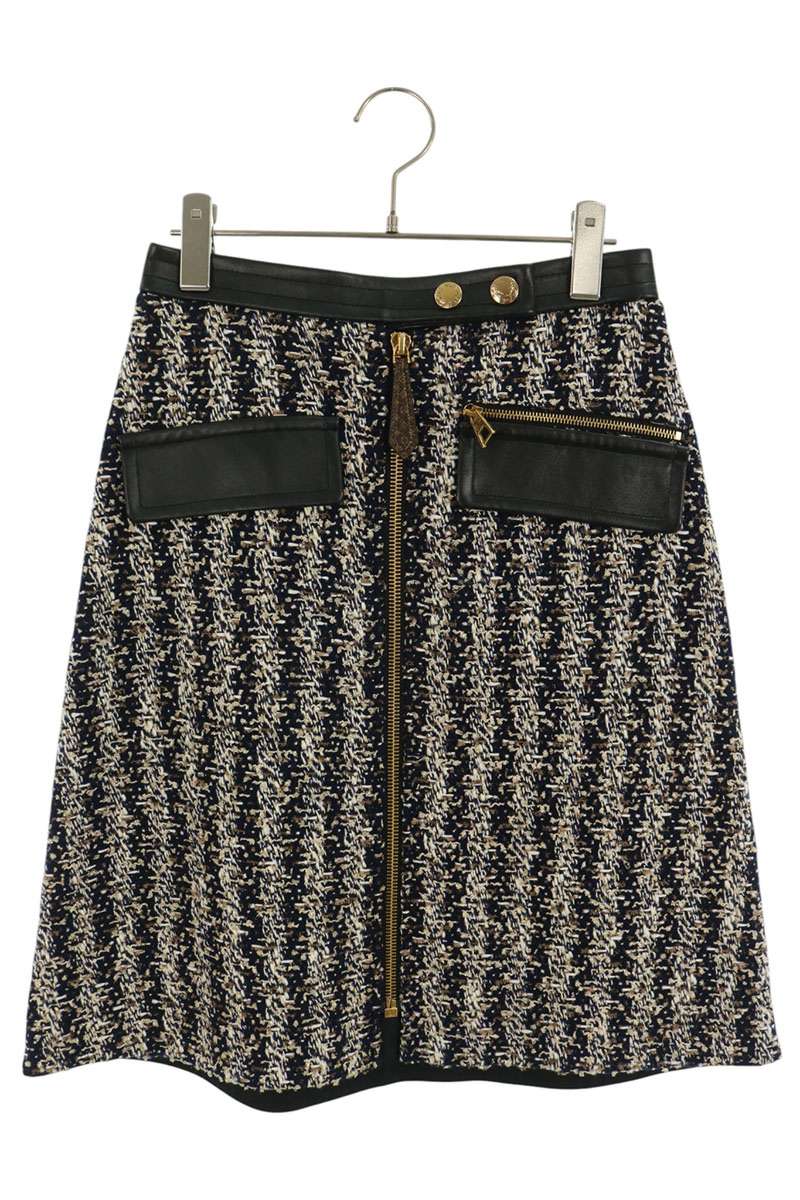 Louis Vuitton Black Navy Tweed Leather Skirt Size 34