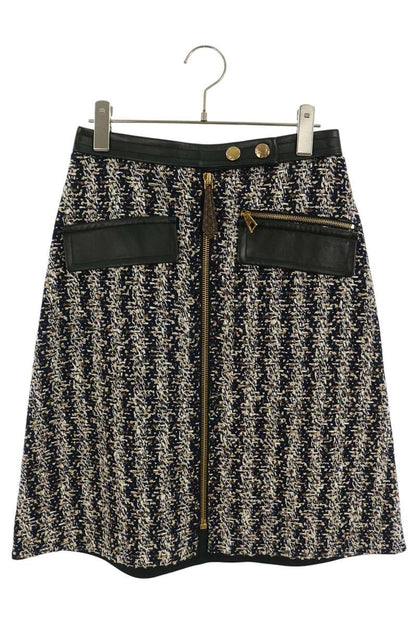Louis Vuitton Black Navy Tweed Leather Skirt Size 34