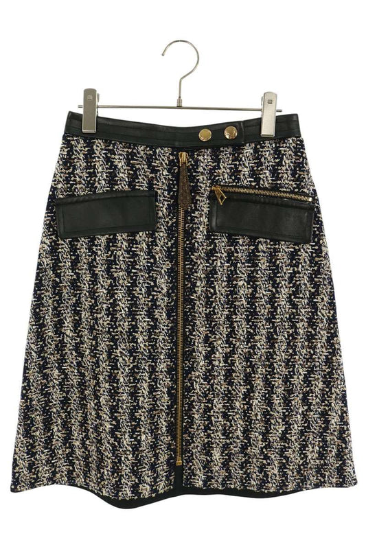 Louis Vuitton Black Navy Tweed Leather Skirt Size 34