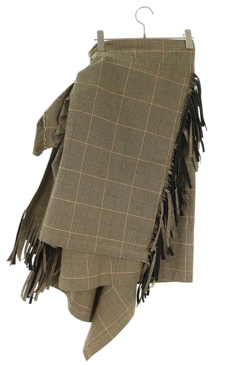 Sacai Beige Glen Check Fringe Asymmetrical Skirt Size 2