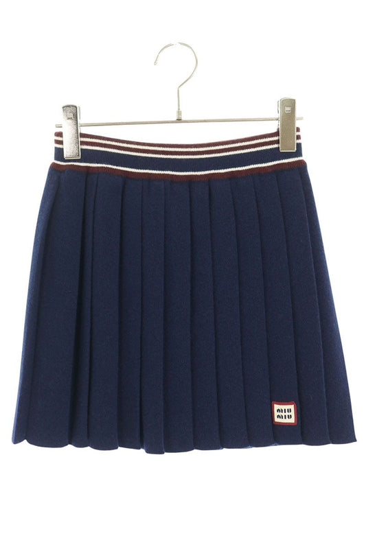 miumiu Wool Cashmere Logo Pleated Skirt Navy Size 38