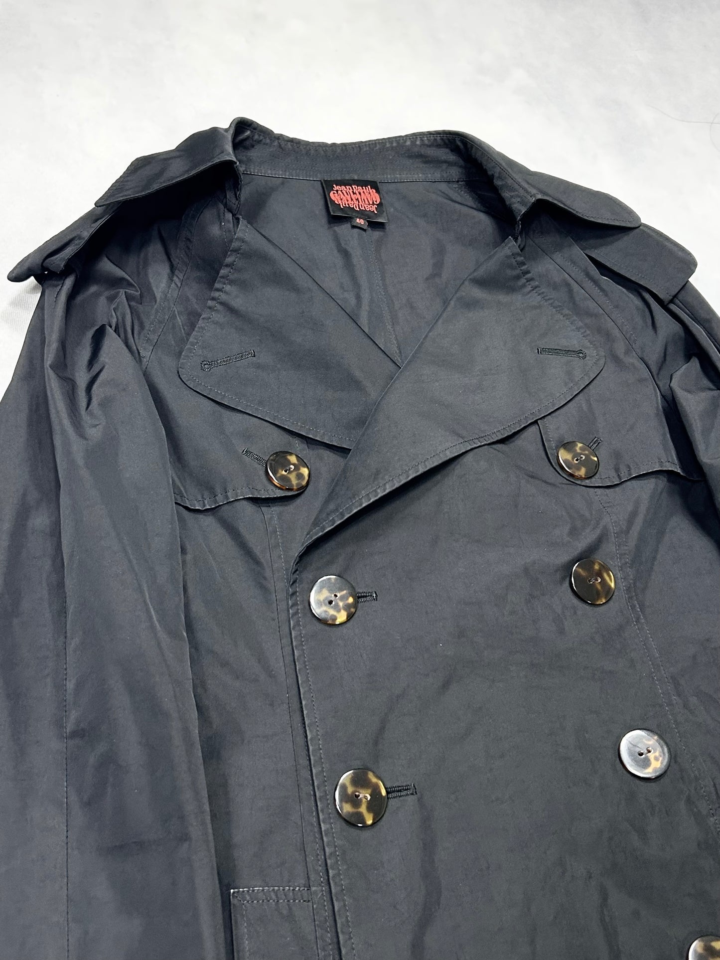 Jean Paul Gaultier 90s Black Waist Shape Trench Coat Size 40