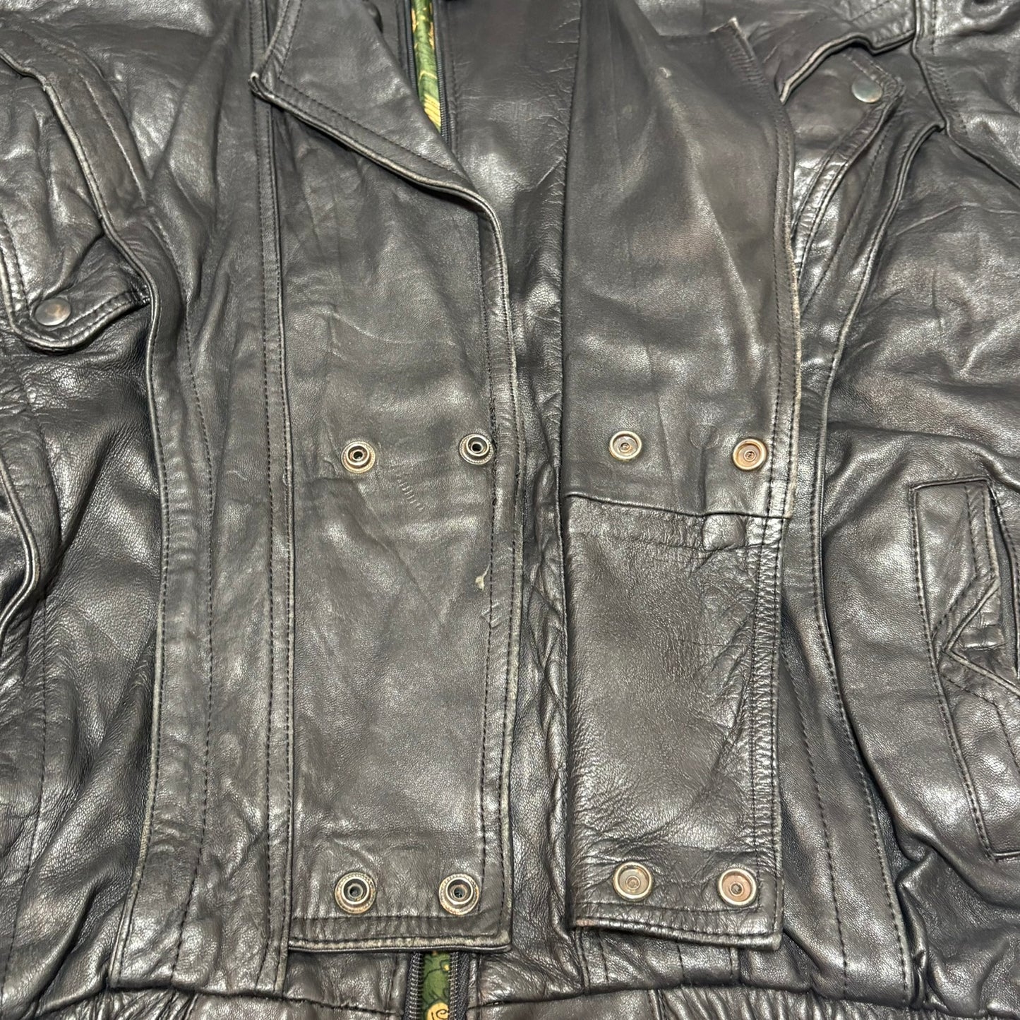 Black Mulch Pattern Lining Double Leather Jacket Free Size