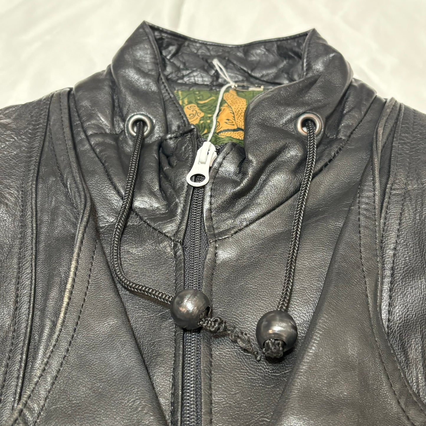 Black Mulch Pattern Lining Double Leather Jacket Free Size