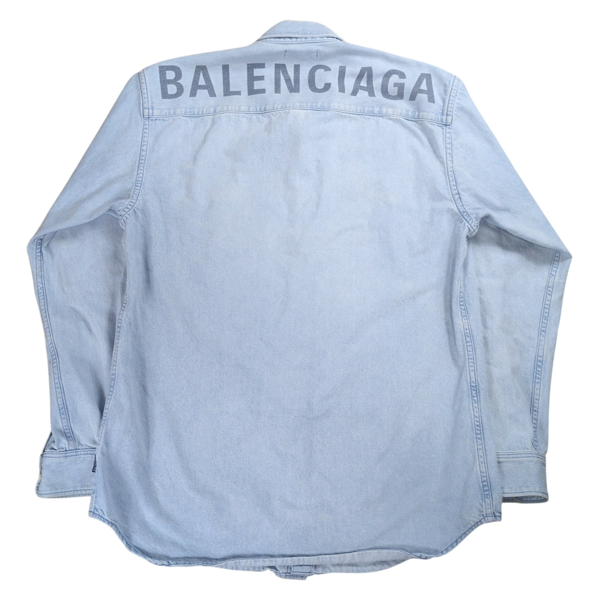 BALENCIAGA Logo Printed Washed Denim Shirt Blue Size 32
