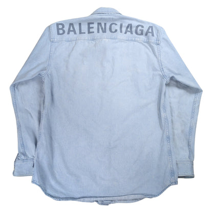 BALENCIAGA Logo Printed Washed Denim Shirt Blue Size 32