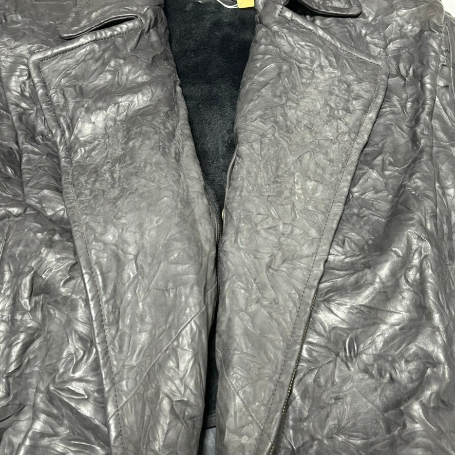 Black Wrinkled Diagonal Zip Leather Jacket Free Size
