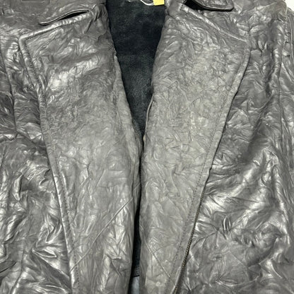 Black Wrinkled Diagonal Zip Leather Jacket Free Size