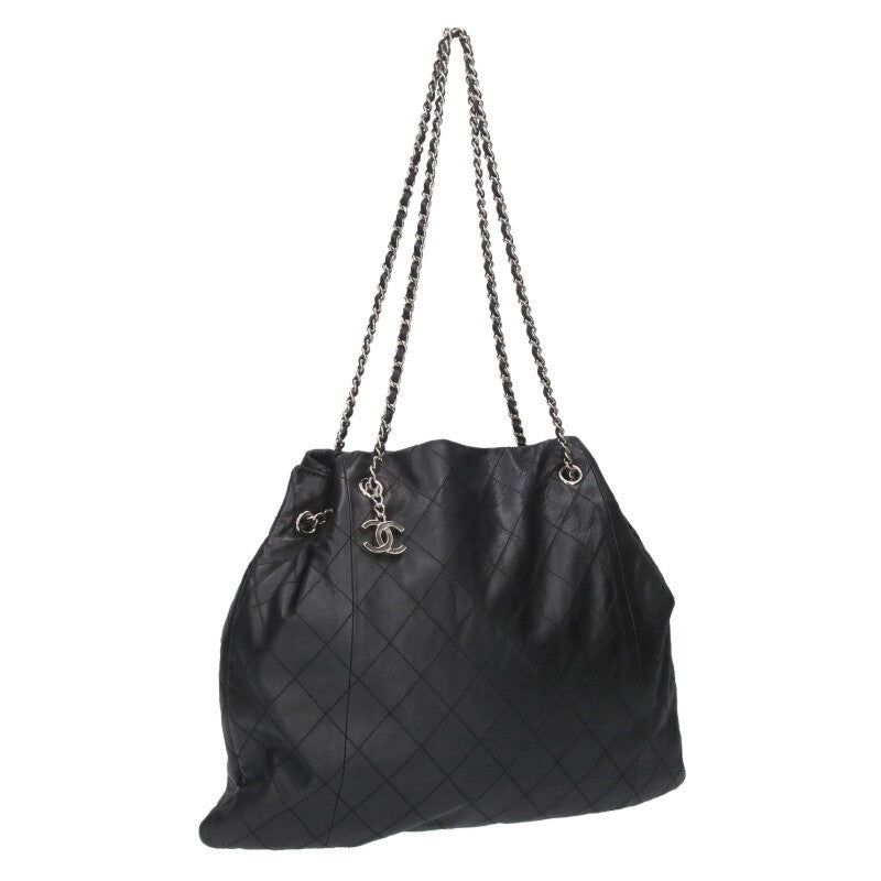 CHANEL Lambskin Chain Tote Bag Black/Silver Size ONE SIZE