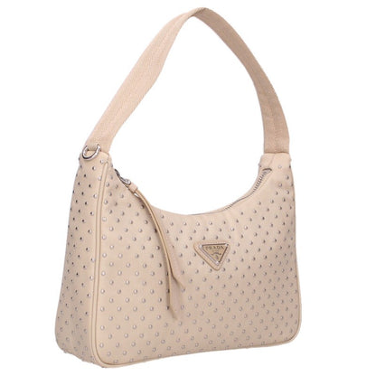 PRADA 1BC515 Re-Nylon Studded Handbag Beige Size ONE SIZE
