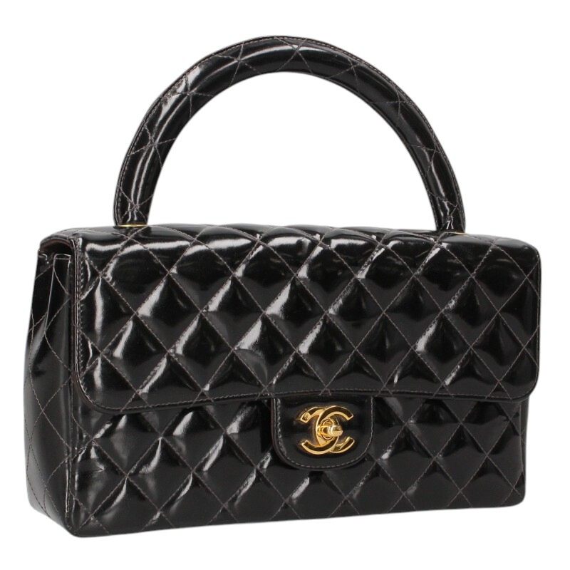 CHANEL Top Handle Leather Handbag Black & Gold Size ONE SIZE