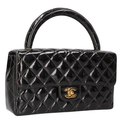 CHANEL Top Handle Leather Handbag Black & Gold Size ONE SIZE