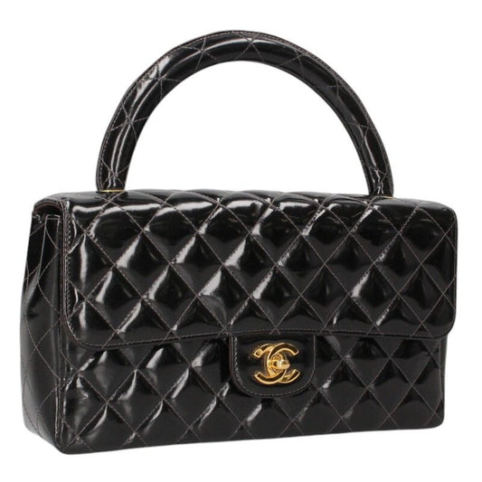 CHANEL Top Handle Leather Handbag Black & Gold Size ONE SIZE