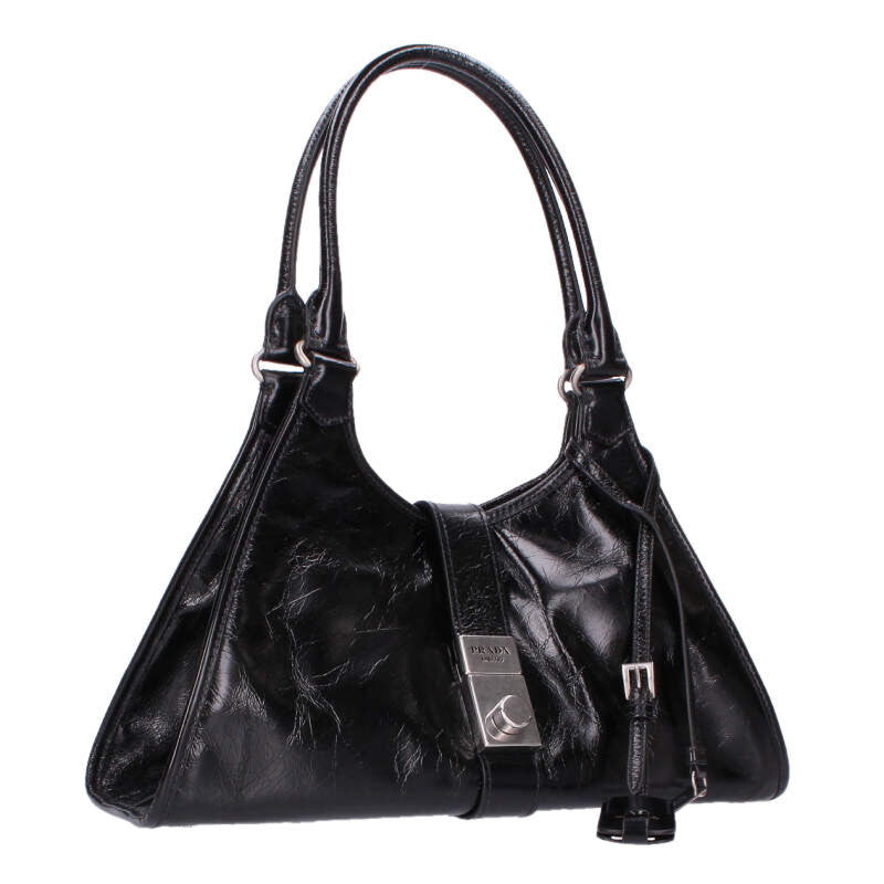 PRADA 1BG563 Medium Leather Hobo Handbag Black Size ONE SIZE
