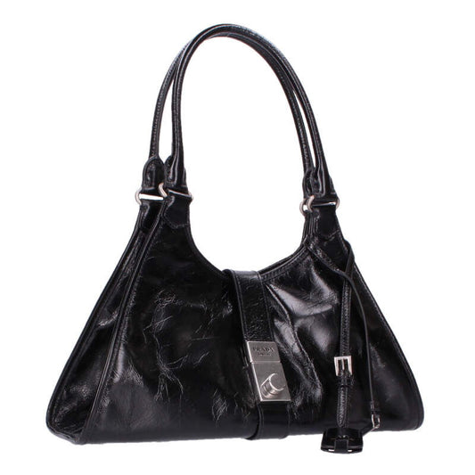 PRADA 1BG563 Medium Leather Hobo Handbag Black Size ONE SIZE