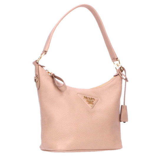 PRADA 1BC278 Logo Leather Handbag Beige Size ONE SIZE