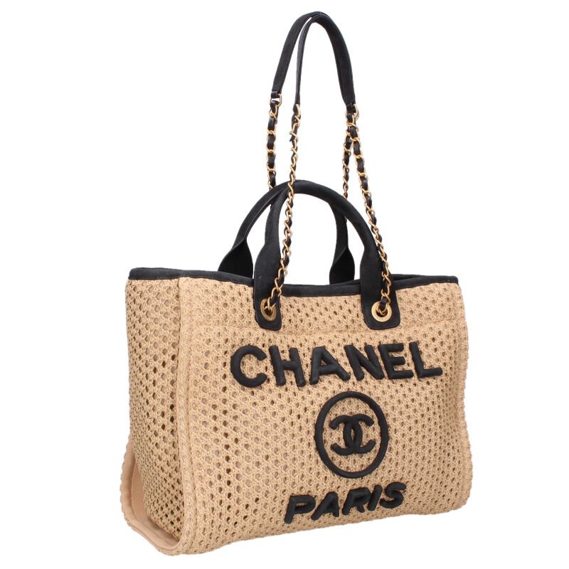CHANEL Deauville Straw Handbag Beige/Black Size ONE SIZE