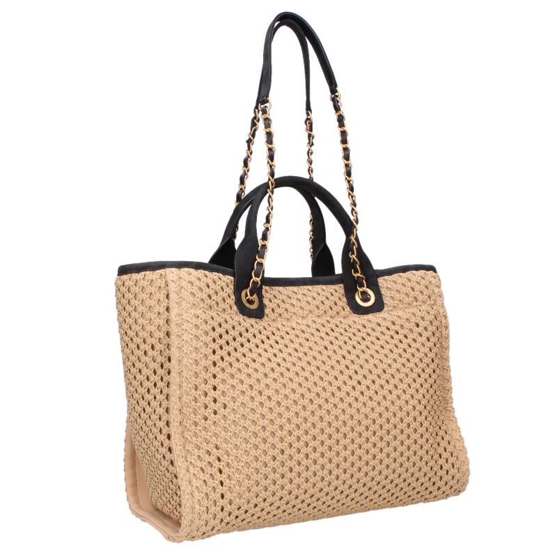 CHANEL Deauville Straw Handbag Beige/Black Size ONE SIZE
