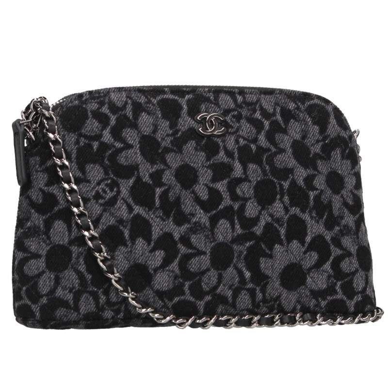 CHANEL Camellia Chain Pouch Shoulder Bag Gray Size ONE SIZE