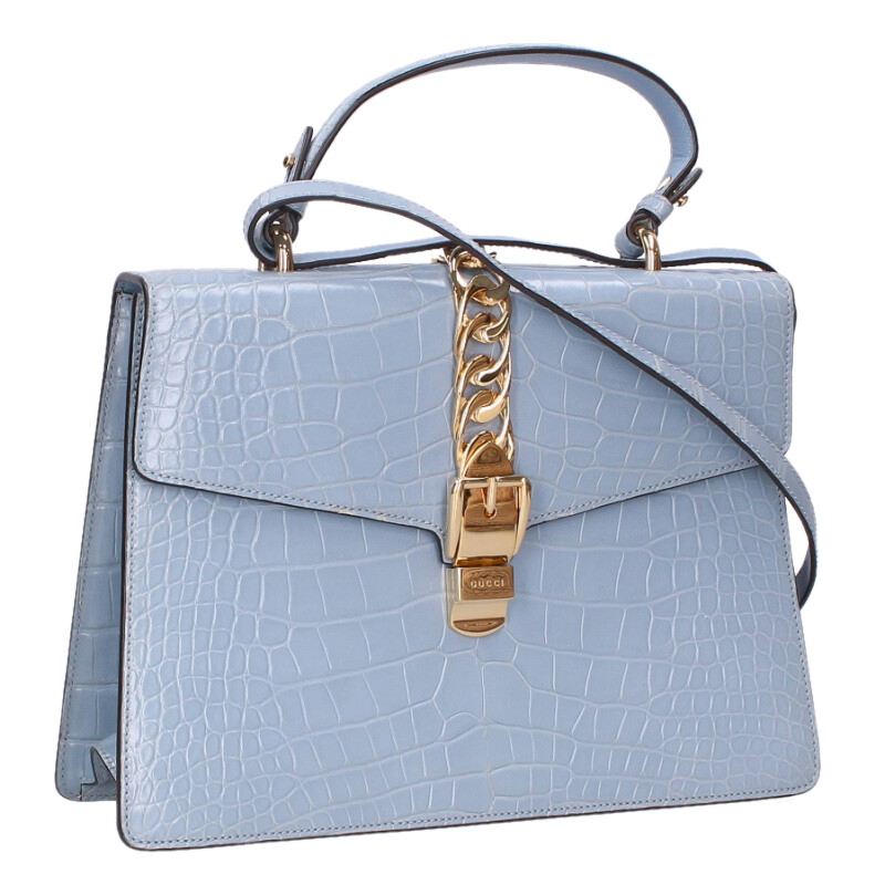 GUCCI Sylvie Crocodile Shoulder Bag Light Blue Size ONE SIZE