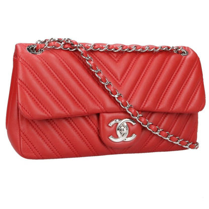 CHANEL Chevron Lambskin Chain Shoulder Bag Red Size ONE SIZE
