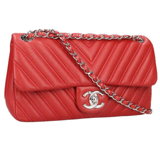CHANEL Chevron Lambskin Chain Shoulder Bag Red Size ONE SIZE