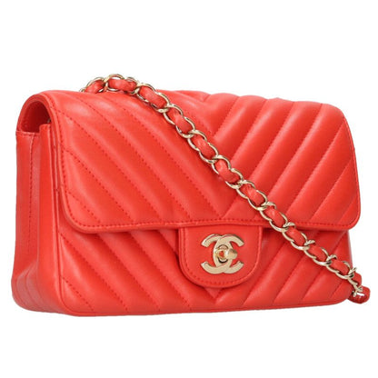 CHANEL Chevron Lambskin Chain Shoulder Bag Red Size Multi