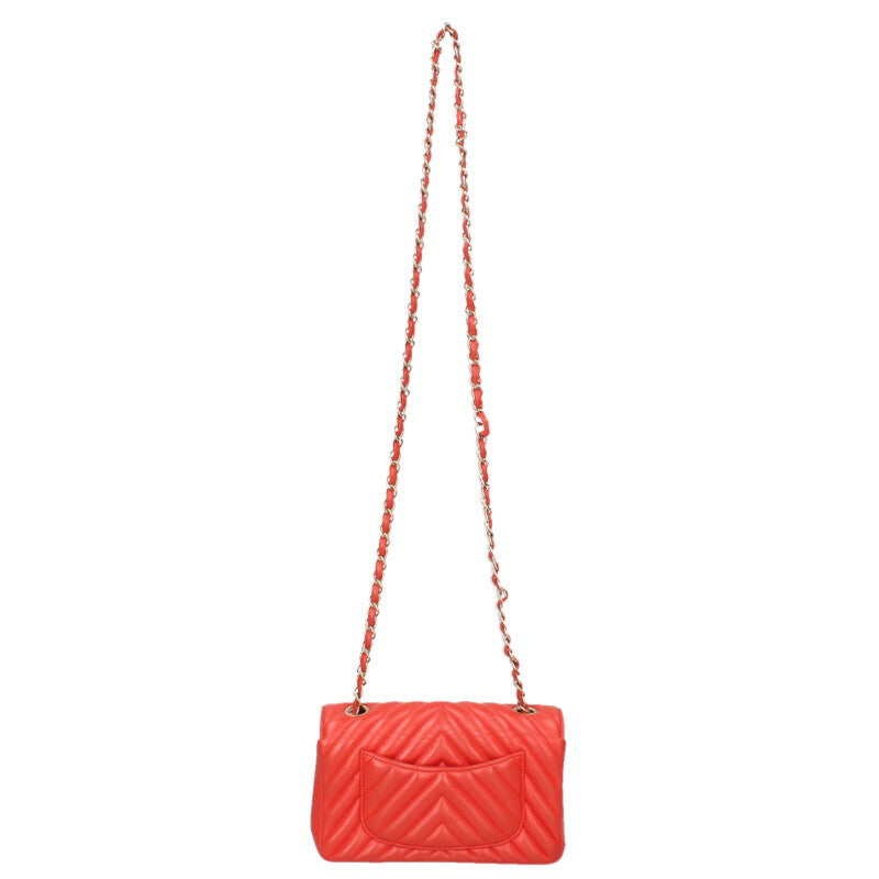 CHANEL Chevron Lambskin Chain Shoulder Bag Red Size Multi