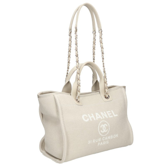 CHANEL Deauville 2-Way Chain Canvas Bag Beige Size MM