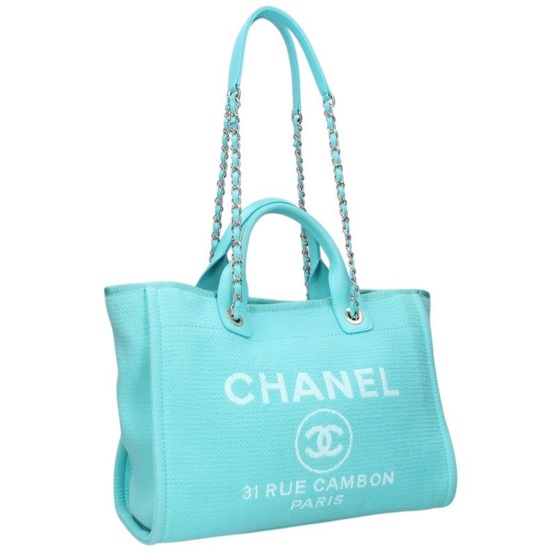 CHANEL Deauville Chain Shoulder Bag Light Blue Gold Size MM