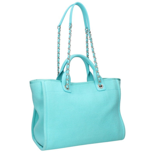 CHANEL Deauville Chain Shoulder Bag Light Blue Gold Size MM