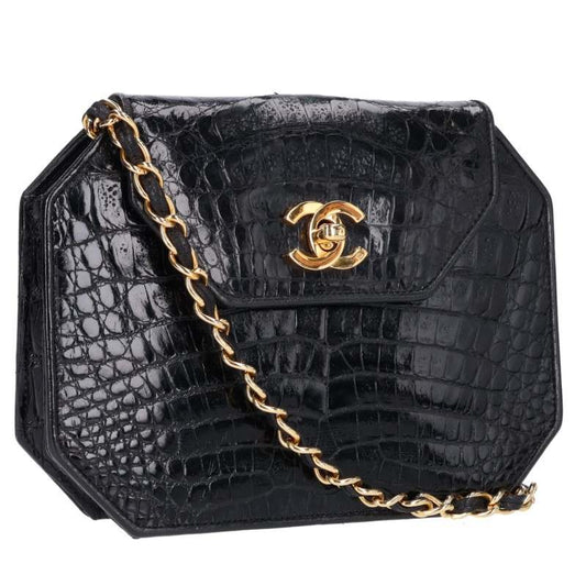 CHANEL Octagon Crocodile Chain Black Gold Shoulder Bag