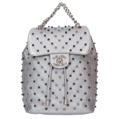 CHANEL Chevron Studded Leather Backpack Silver Size ONE SIZE