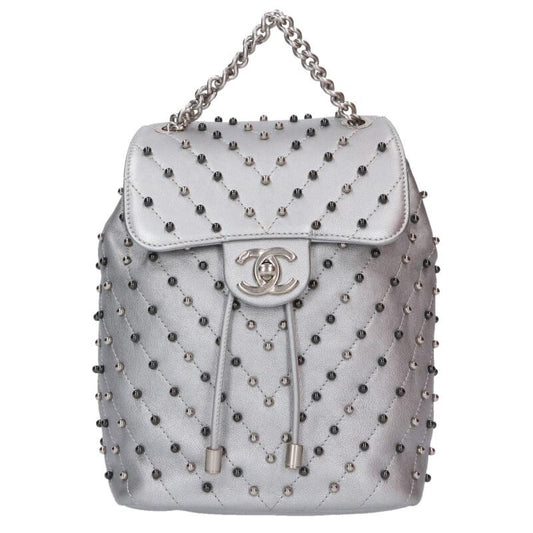 CHANEL Chevron Studded Leather Backpack Silver Size ONE SIZE