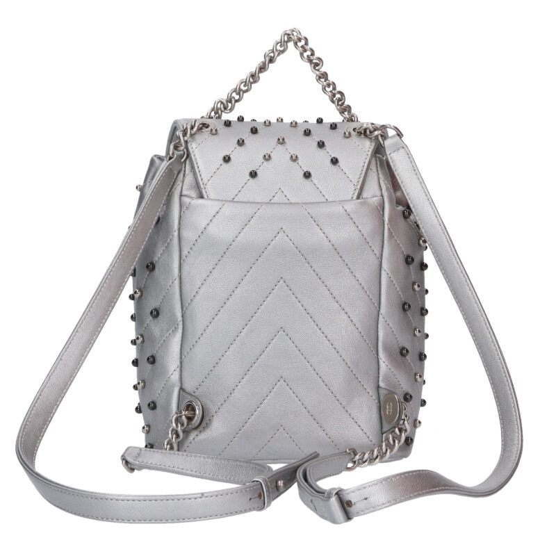 CHANEL Chevron Studded Leather Backpack Silver Size ONE SIZE