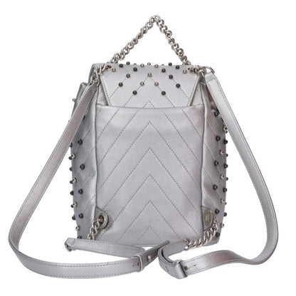 CHANEL Chevron Studded Leather Backpack Silver Size ONE SIZE