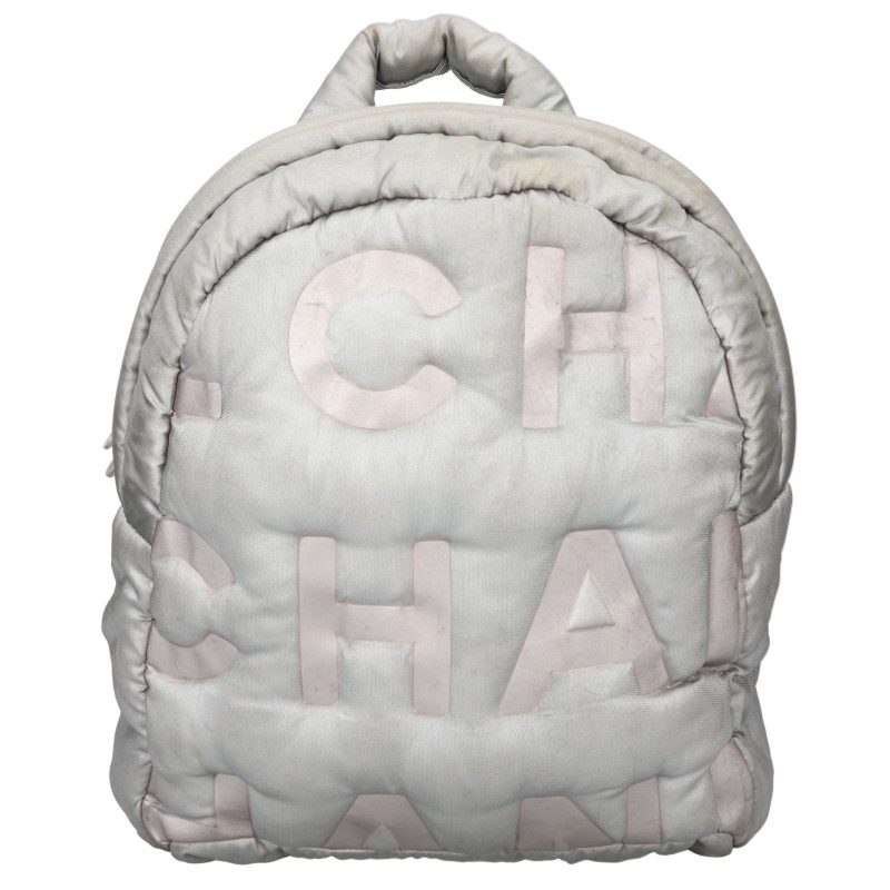 CHANEL Doudoune Logo Embossed Backpack Silver Size ONE SIZE