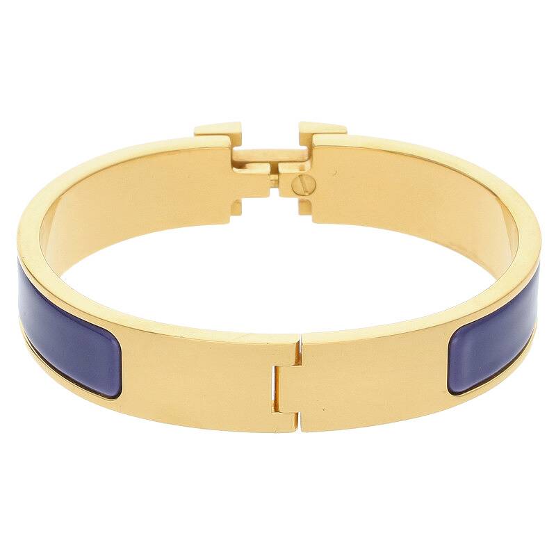 HERMES Clic H Enamel Gold & Blue Bracelet Size ONE SIZE
