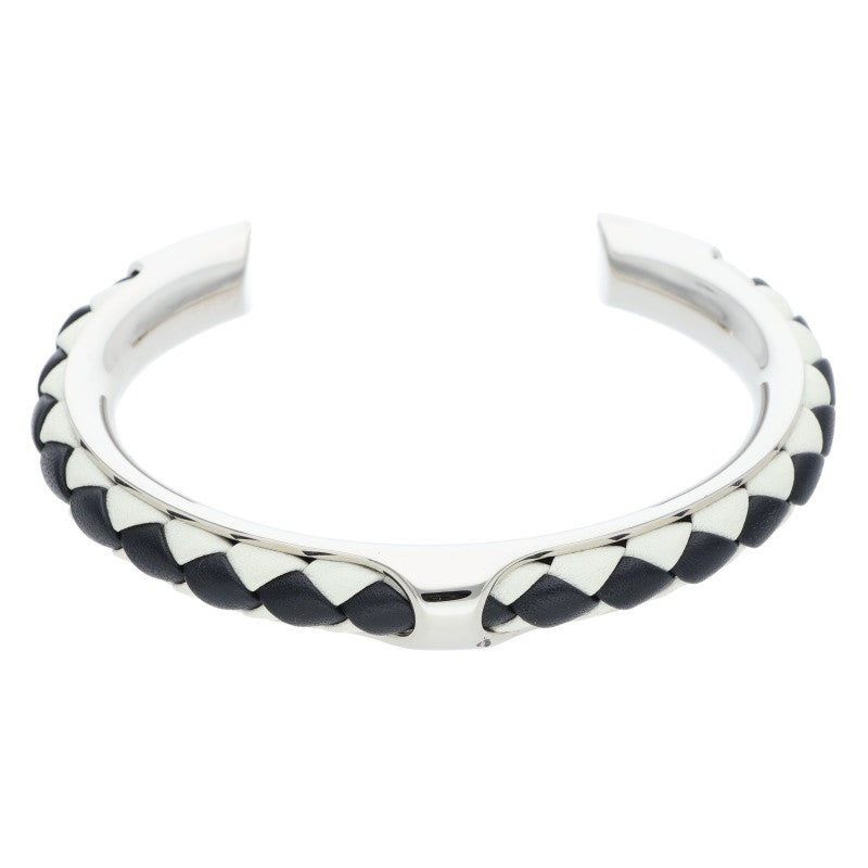 HERMES Kyoto Tresse Leather Bangle Silver Size ONE SIZE