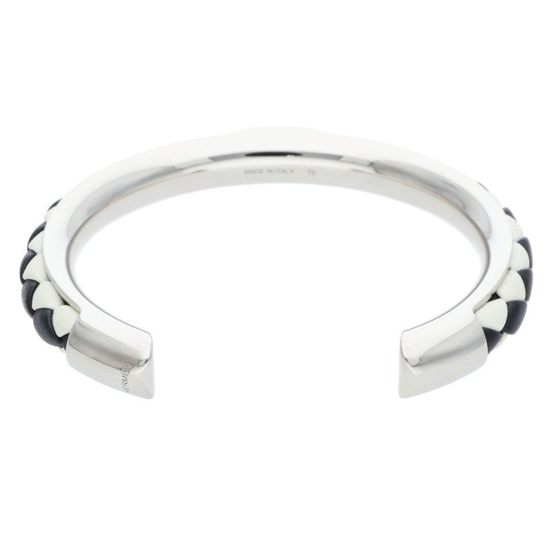 HERMES Kyoto Tresse Leather Bangle Silver Size ONE SIZE