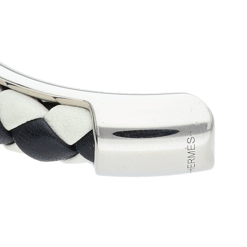 HERMES Kyoto Tresse Leather Bangle Silver Size ONE SIZE