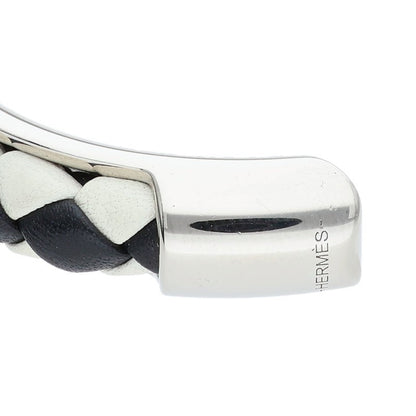 HERMES Kyoto Tresse Leather Bangle Silver Size ONE SIZE