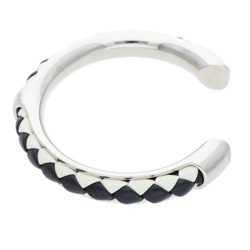 HERMES Kyoto Tresse Leather Bangle Silver Size ONE SIZE