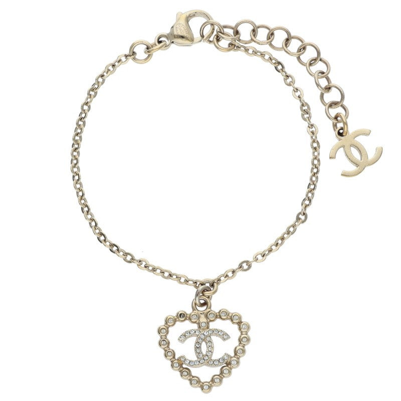 CHANEL GP Coco Heart Rhinestone Bracelet Gold Size ONE SIZE