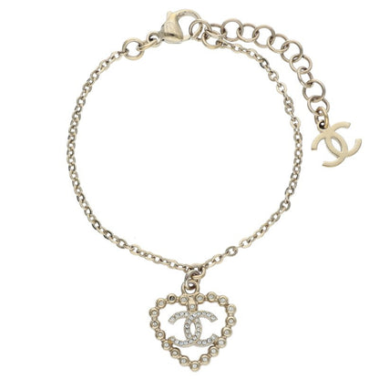 CHANEL GP Coco Heart Rhinestone Bracelet Gold Size ONE SIZE