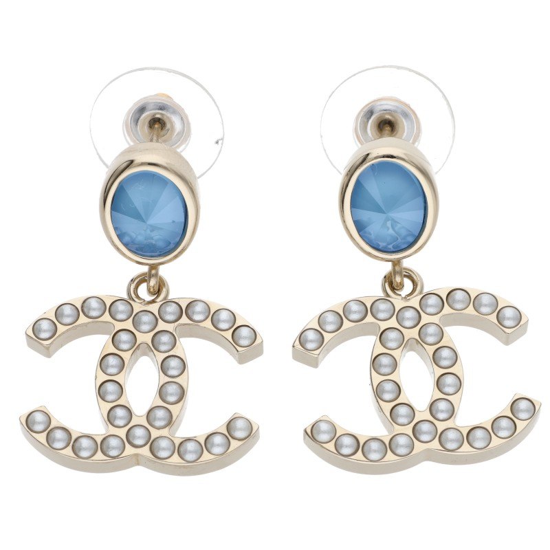 CHANEL Color Stone CC Mark Earrings Gold Blue Size ONE SIZE